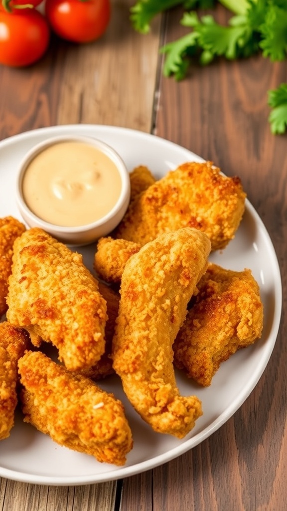 Crispy Air Fryer Chicken Tenders Recipe Crispy air fryer chicken tenders served with honey mustard sauce on a rustic wooden table.